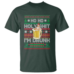 Funny Christmas T Shirt Ho Ho Holy Shit I'm Drunk Santa Drinking Beer TS09 Dark Forest Green Print Your Wear