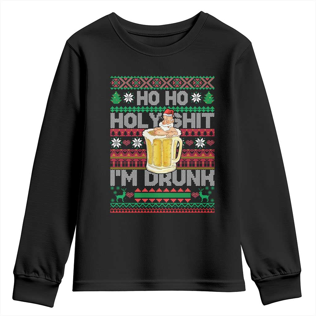 Funny Christmas Youth Sweatshirt Ho Ho Holy Shit I'm Drunk Santa Drinking Beer TS09 Black Print Your Wear