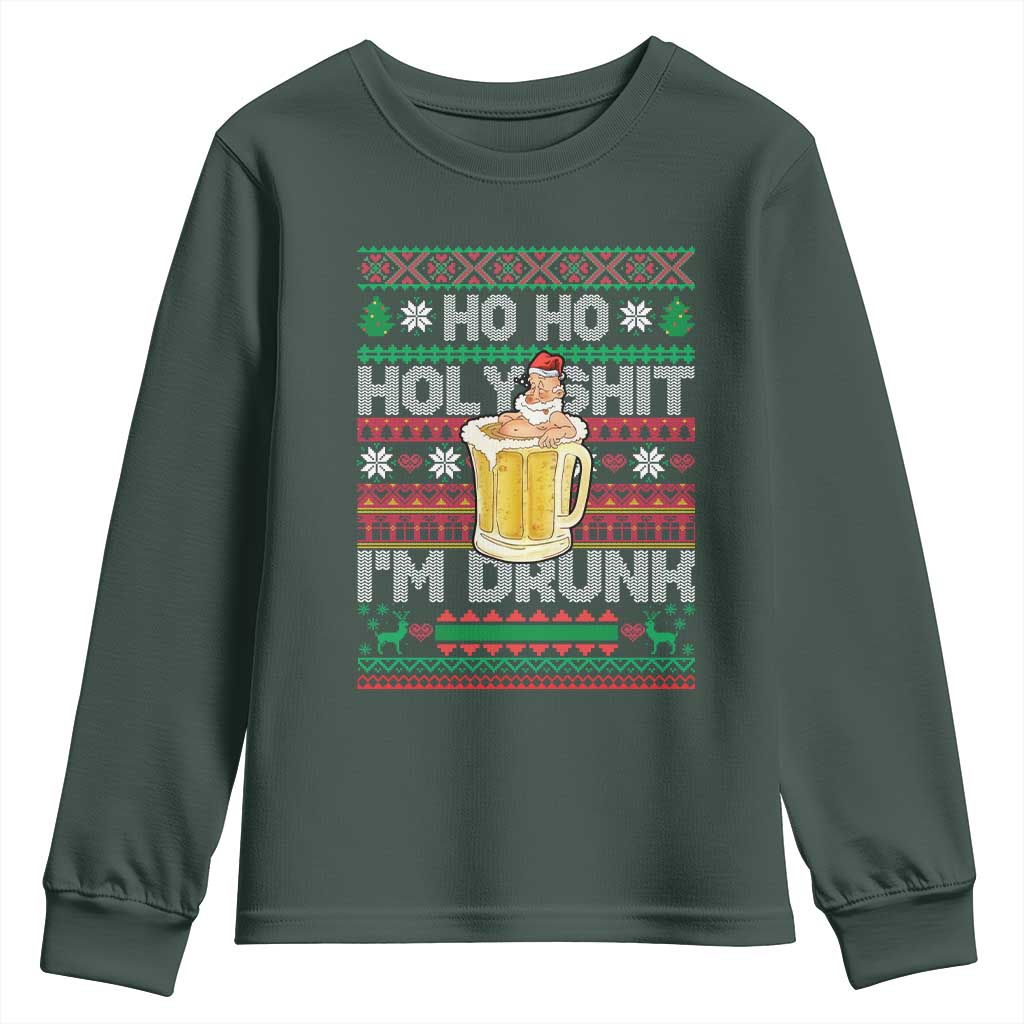 Funny Christmas Youth Sweatshirt Ho Ho Holy Shit I'm Drunk Santa Drinking Beer TS09 Dark Forest Green Print Your Wear