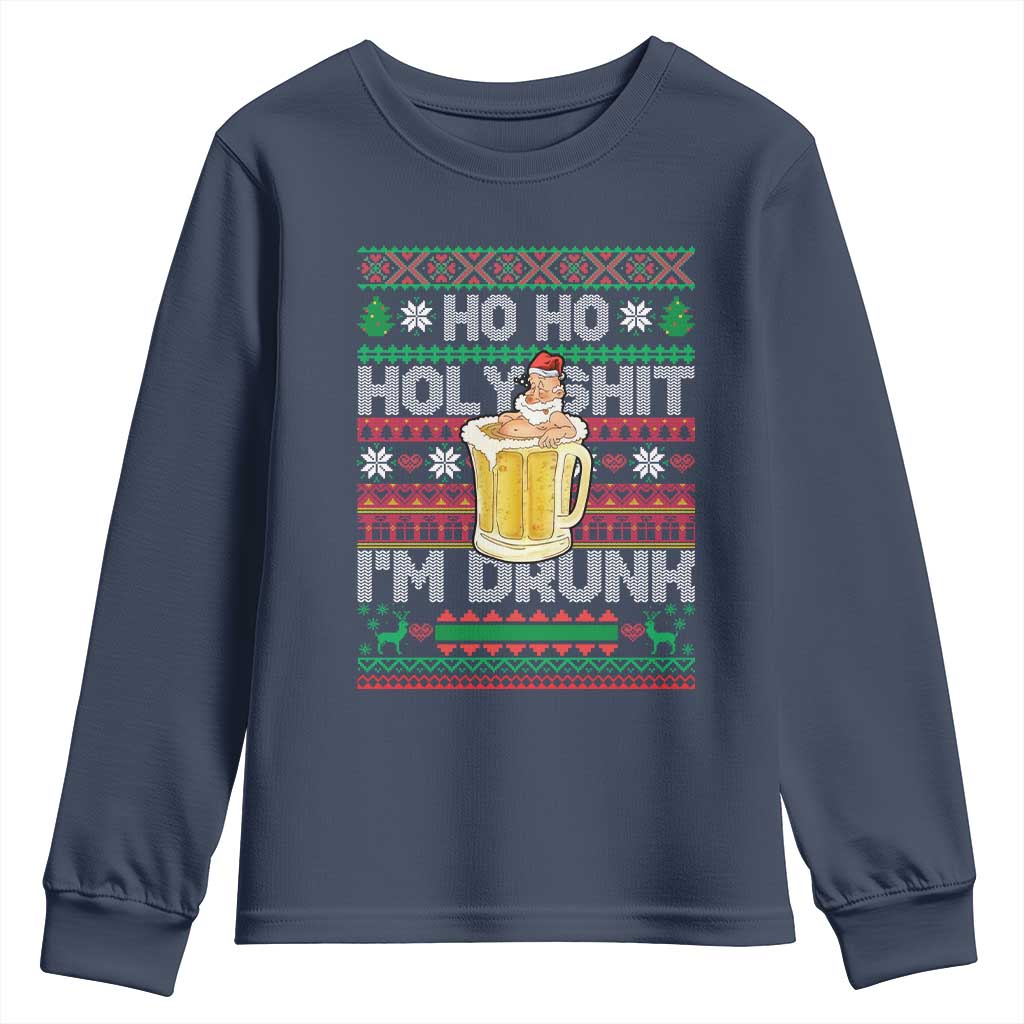 Funny Christmas Youth Sweatshirt Ho Ho Holy Shit I'm Drunk Santa Drinking Beer TS09 Navy Print Your Wear