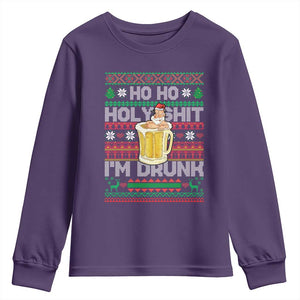 Funny Christmas Youth Sweatshirt Ho Ho Holy Shit I'm Drunk Santa Drinking Beer TS09 Purple Print Your Wear