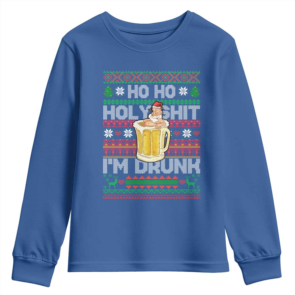 Funny Christmas Youth Sweatshirt Ho Ho Holy Shit I'm Drunk Santa Drinking Beer TS09 Royal Blue Print Your Wear