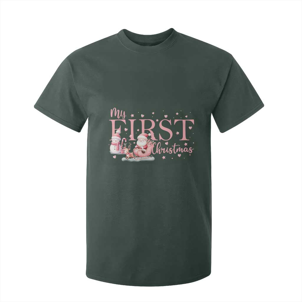 Cute First Christmas T Shirt For Kid Pink Santa Snowman TS09 Dark Forest Green Print Your Wear