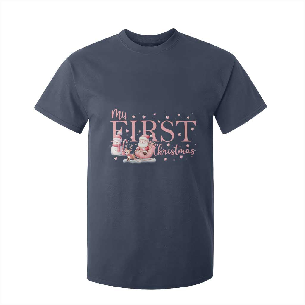 Cute First Christmas T Shirt For Kid Pink Santa Snowman TS09 Navy Print Your Wear
