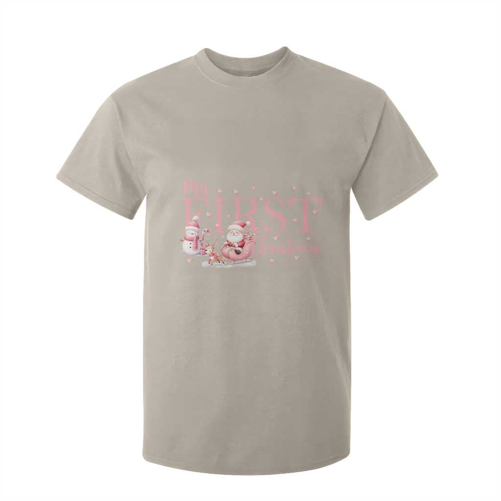 Cute First Christmas T Shirt For Kid Pink Santa Snowman TS09 Sand Print Your Wear