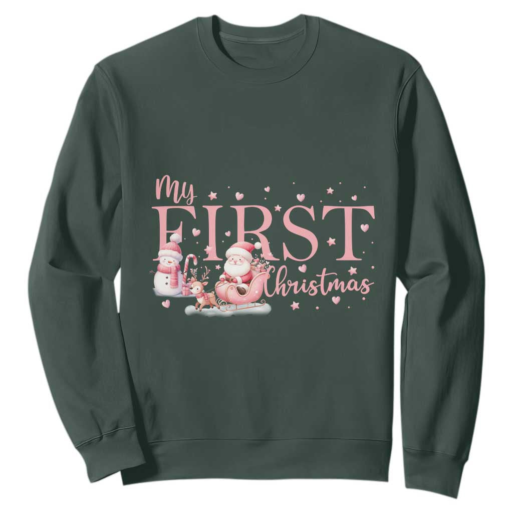 Cute First Christmas Sweatshirt Pink Santa Snowman TS09 Dark Forest Green Print Your Wear
