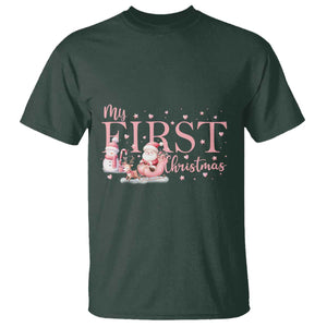Cute First Christmas T Shirt Pink Santa Snowman TS09 Dark Forest Green Print Your Wear