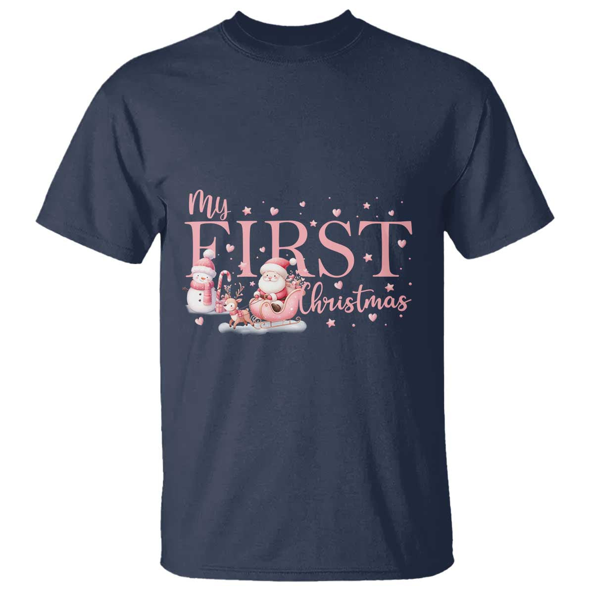 Cute First Christmas T Shirt Pink Santa Snowman TS09 Navy Print Your Wear