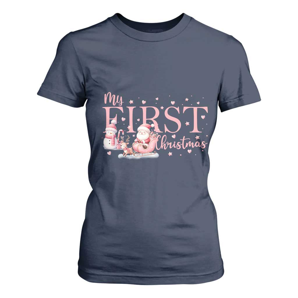 Cute First Christmas T Shirt For Women Pink Santa Snowman TS09 Navy Print Your Wear