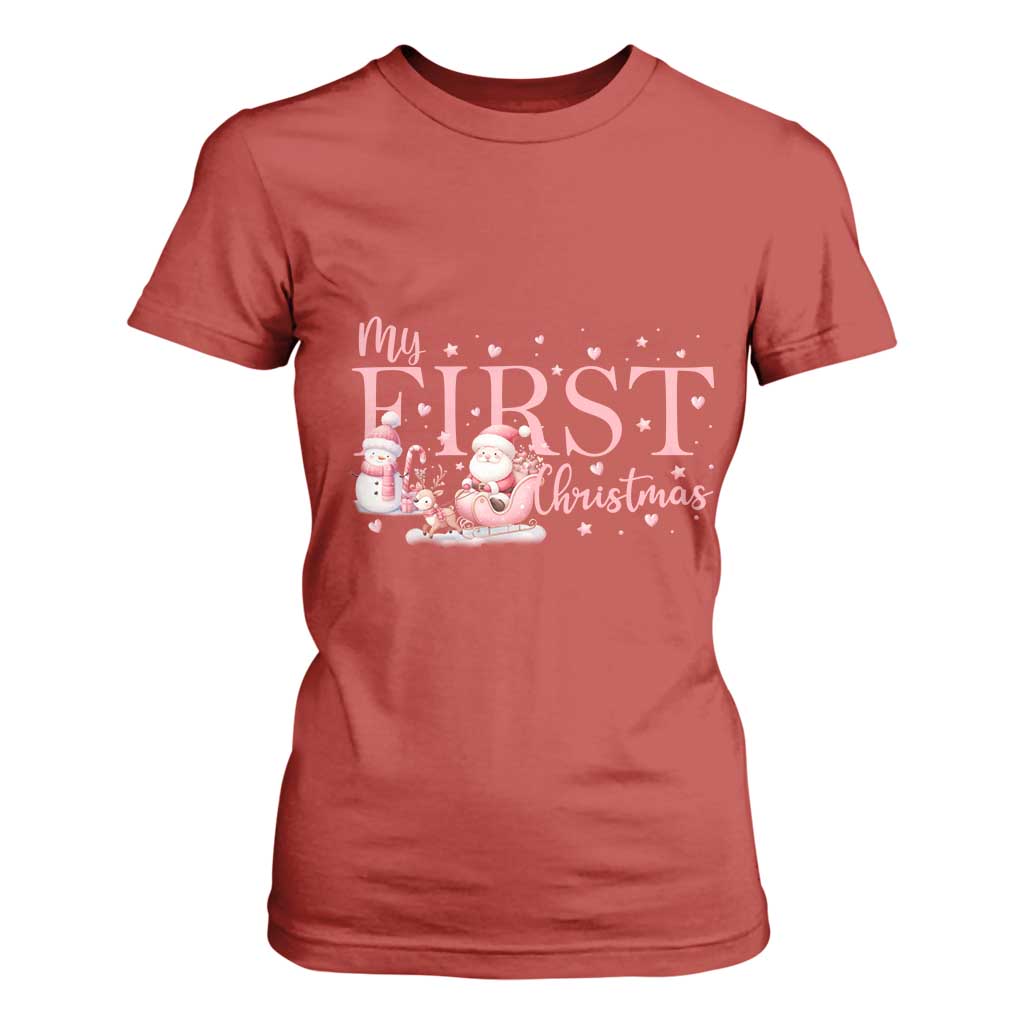 Cute First Christmas T Shirt For Women Pink Santa Snowman TS09 Red Print Your Wear
