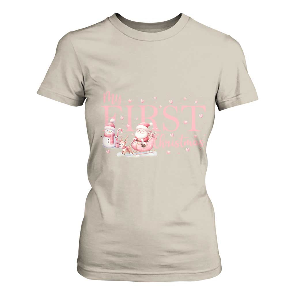 Cute First Christmas T Shirt For Women Pink Santa Snowman TS09 Sand Print Your Wear