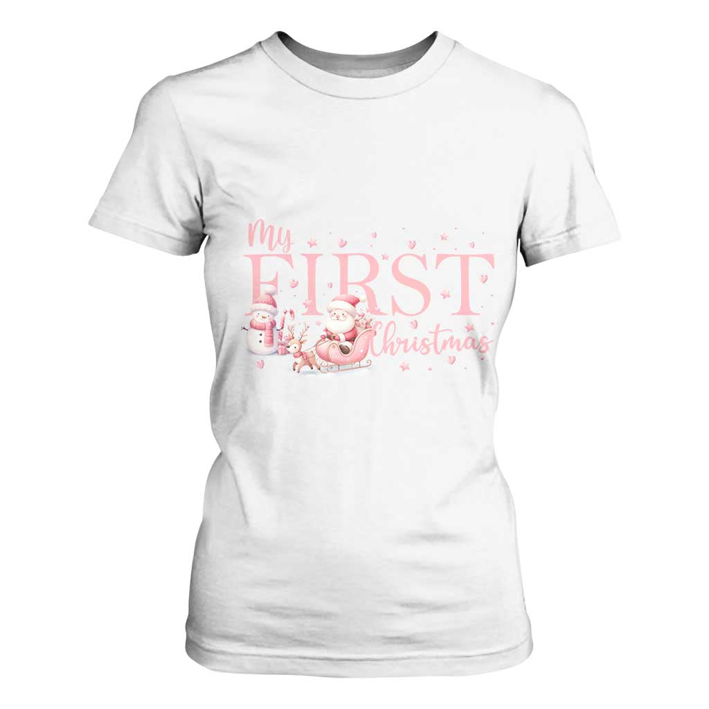 Cute First Christmas T Shirt For Women Pink Santa Snowman TS09 White Print Your Wear