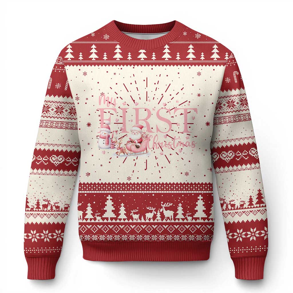 Cute First Xmas Ugly Christmas Sweater Pink Santa Snowman TS09 Red Print Your Wear
