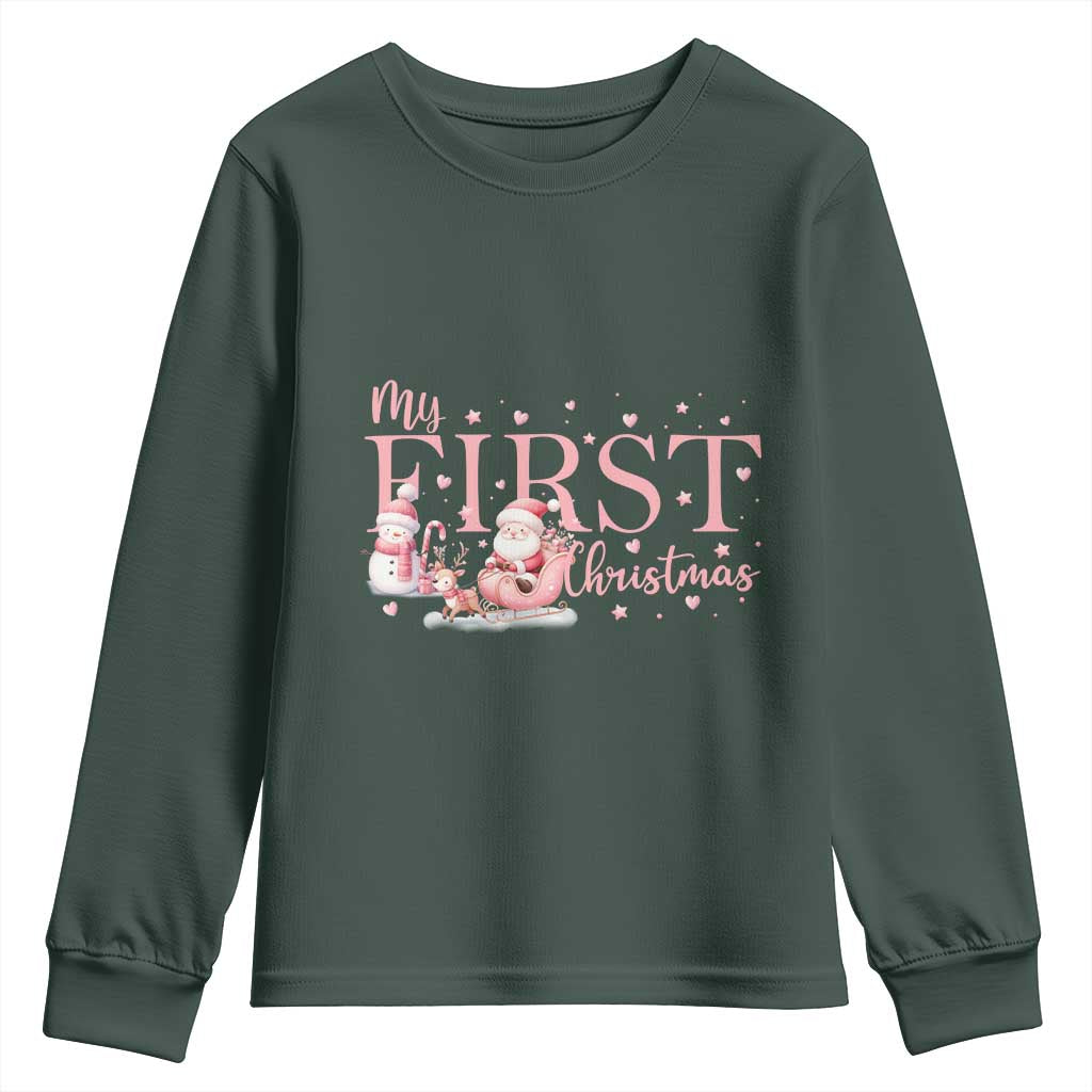 Cute First Christmas Youth Sweatshirt Pink Santa Snowman TS09 Dark Forest Green Print Your Wear