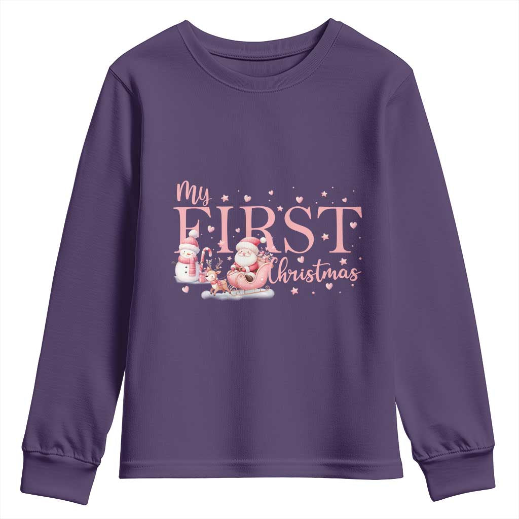 Cute First Christmas Youth Sweatshirt Pink Santa Snowman TS09 Purple Print Your Wear