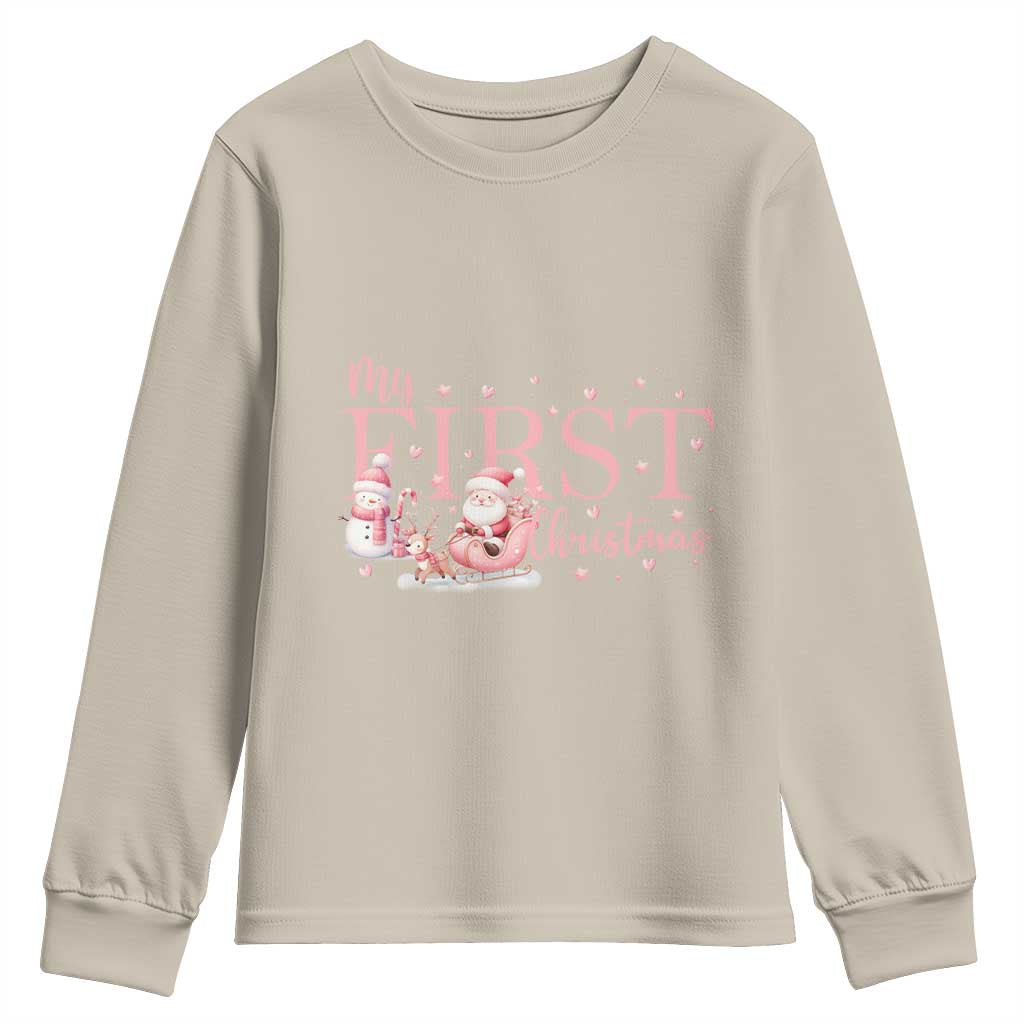 Cute First Christmas Youth Sweatshirt Pink Santa Snowman TS09 Sand Print Your Wear