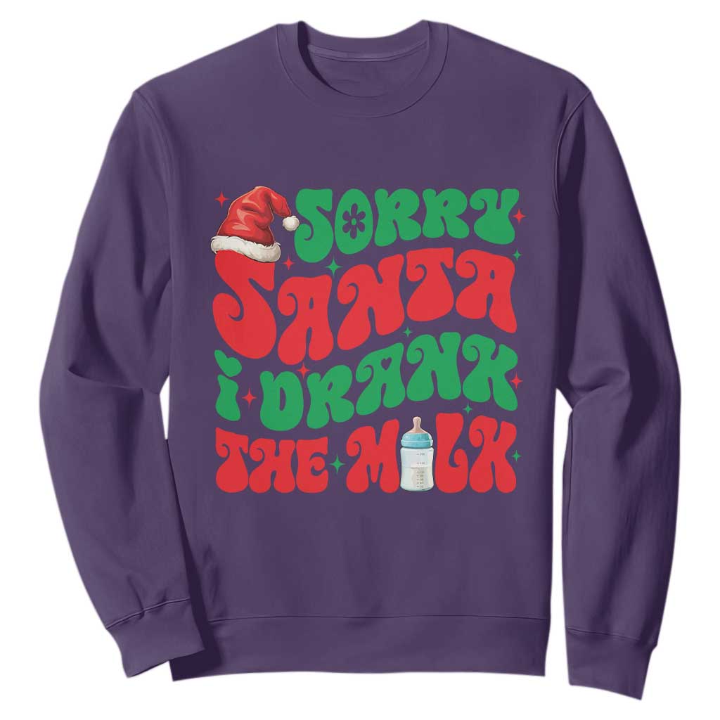 Funny First Christmas Sweatshirt Sorry Santa I Drank The Milk TS09 Purple Print Your Wear