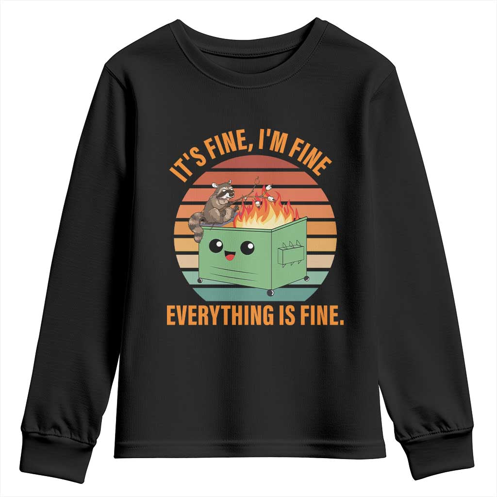 Funny Dumpster Fire Youth Sweatshirt It's Fine I'm Fine Everything's Fine Raccoon TS09 Black Print Your Wear