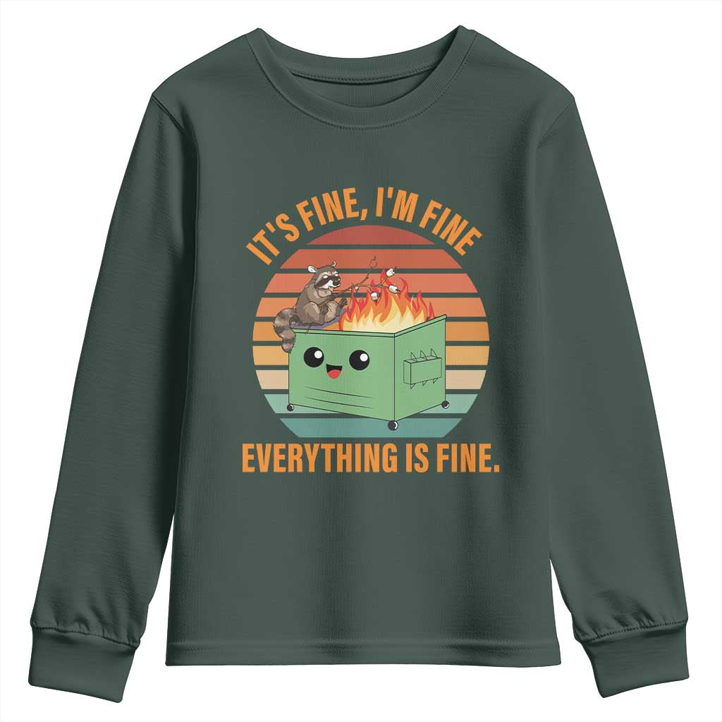 Funny Dumpster Fire Youth Sweatshirt It's Fine I'm Fine Everything's Fine Raccoon TS09 Dark Forest Green Print Your Wear