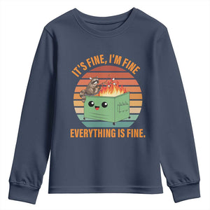 Funny Dumpster Fire Youth Sweatshirt It's Fine I'm Fine Everything's Fine Raccoon TS09 Navy Print Your Wear