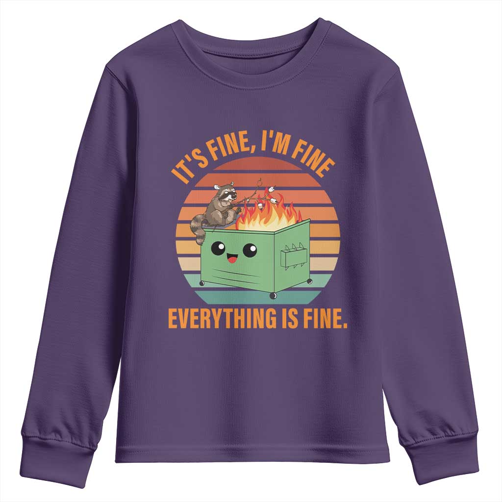 Funny Dumpster Fire Youth Sweatshirt It's Fine I'm Fine Everything's Fine Raccoon TS09 Purple Print Your Wear