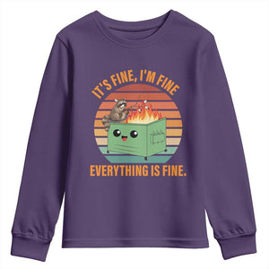 Funny Dumpster Fire Youth Sweatshirt It's Fine I'm Fine Everything's Fine Raccoon TS09 Purple Print Your Wear