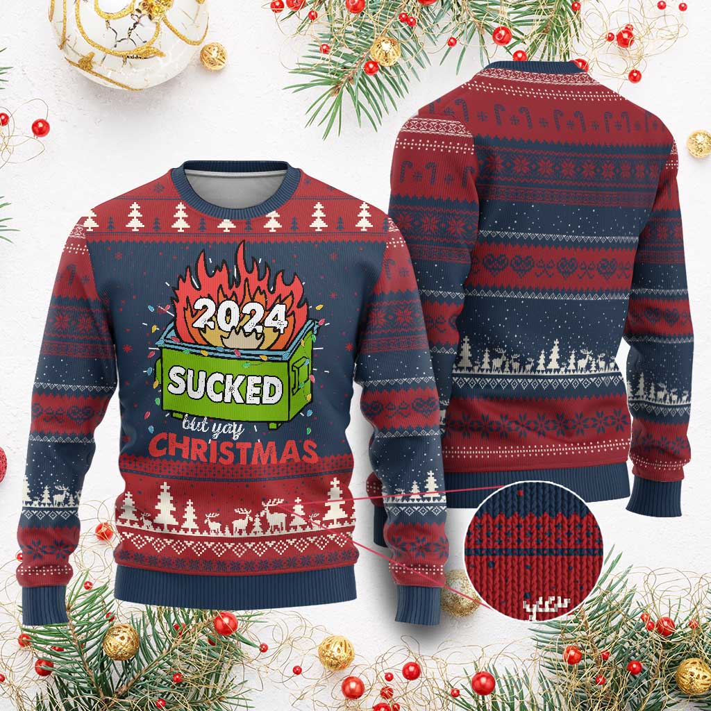 Funny Dumpster Fire Sucked But Yay Christmas 2024 Ugly Christmas Sweater TS09 Burgundy Print Your Wear