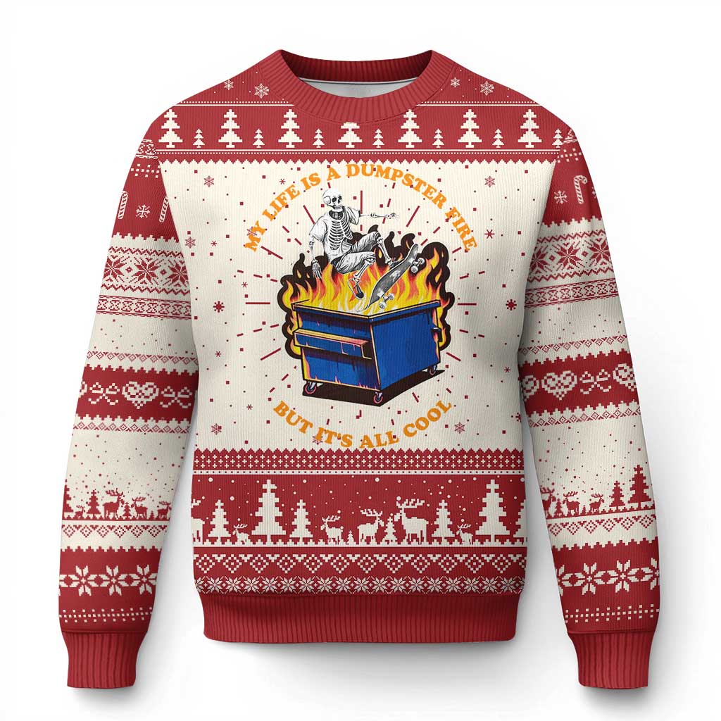 Funny Dumpster Fire Ugly Christmas Sweater Skeleton Skateboard My Life Is A Dumpster Fire But It's All Cool TS09 Red Print Your Wear