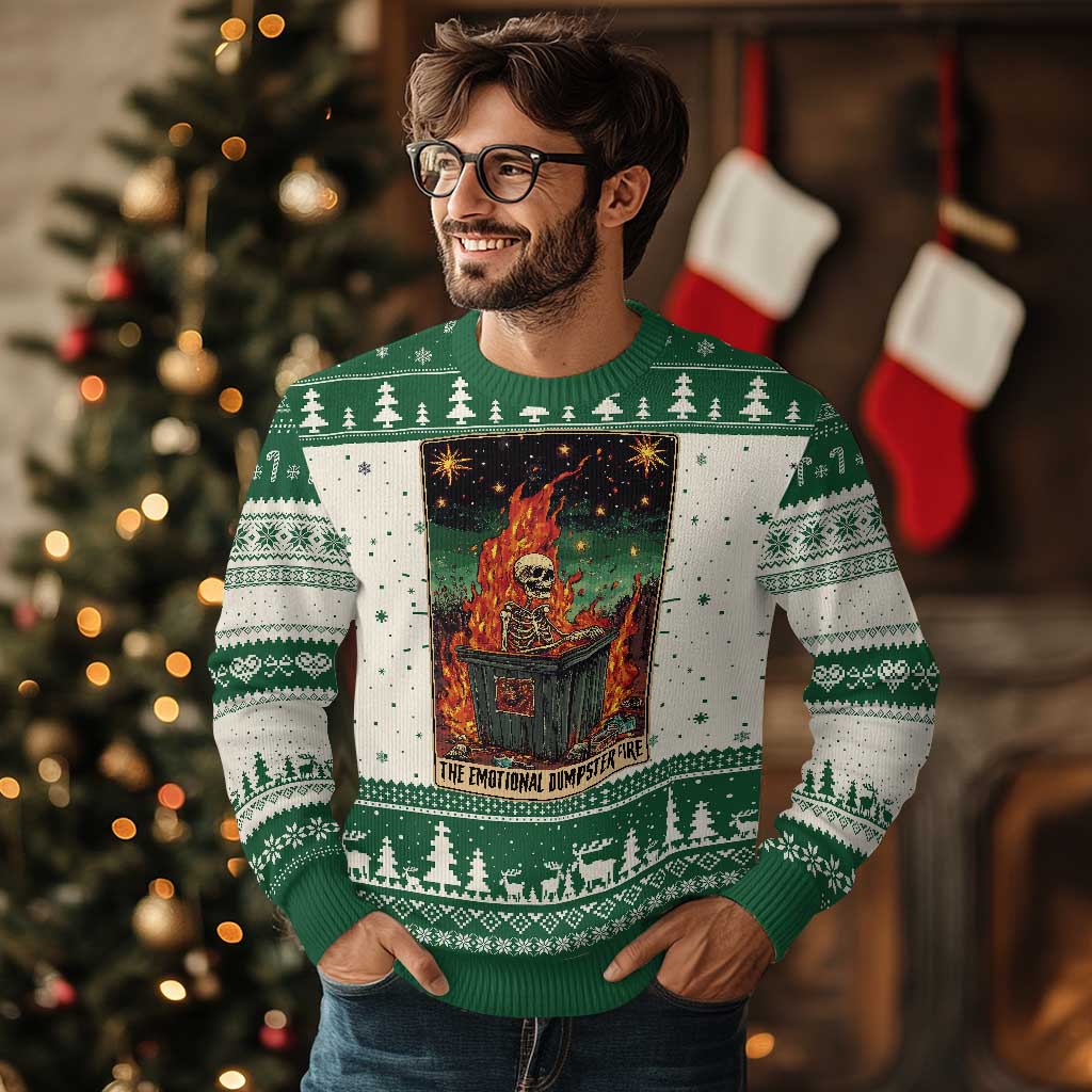 Emotional Dumpster Fire Skeleton Tarot Card Ugly Christmas Sweater TS09 Green Print Your Wear