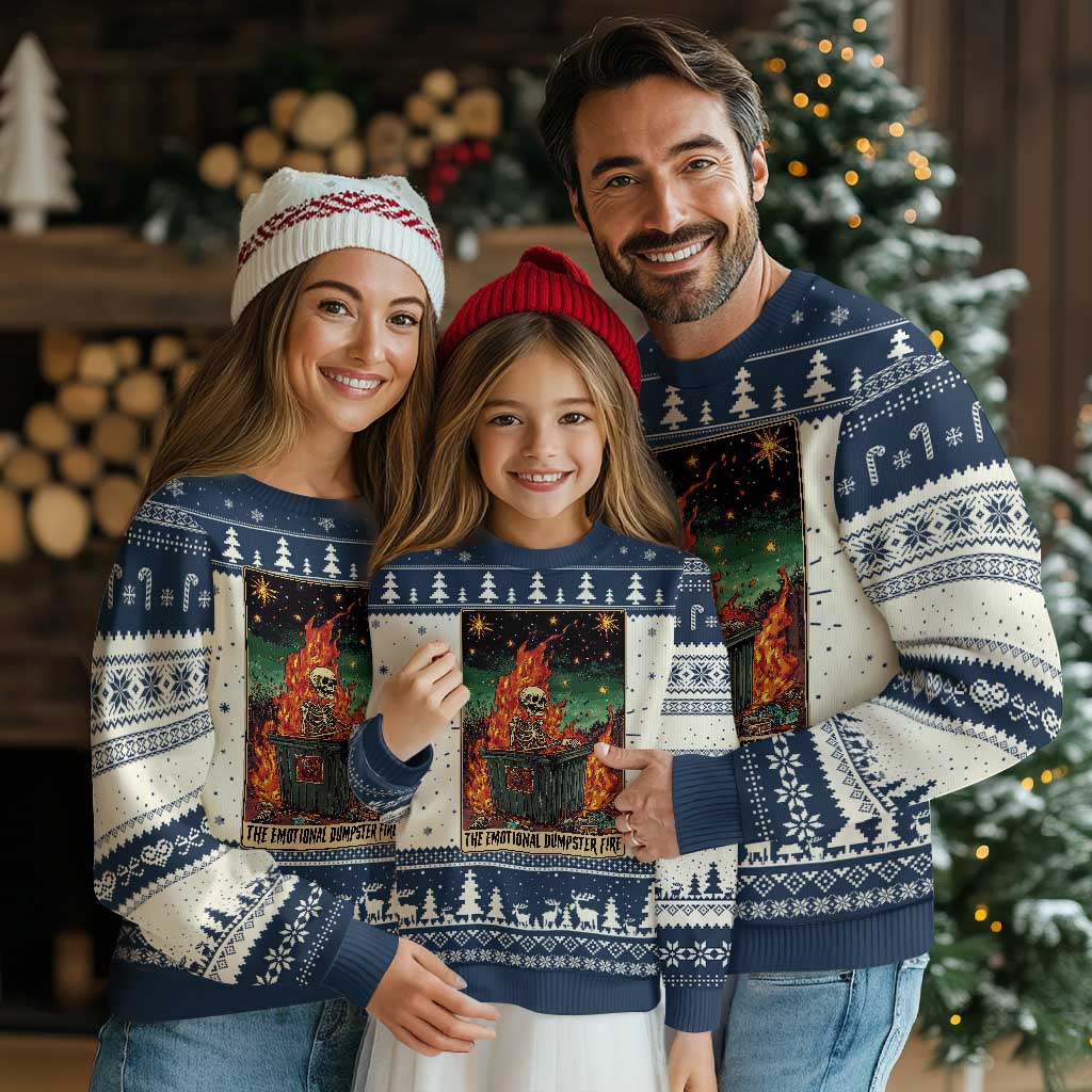 Emotional Dumpster Fire Skeleton Tarot Card Ugly Christmas Sweater TS09 Navy Print Your Wear