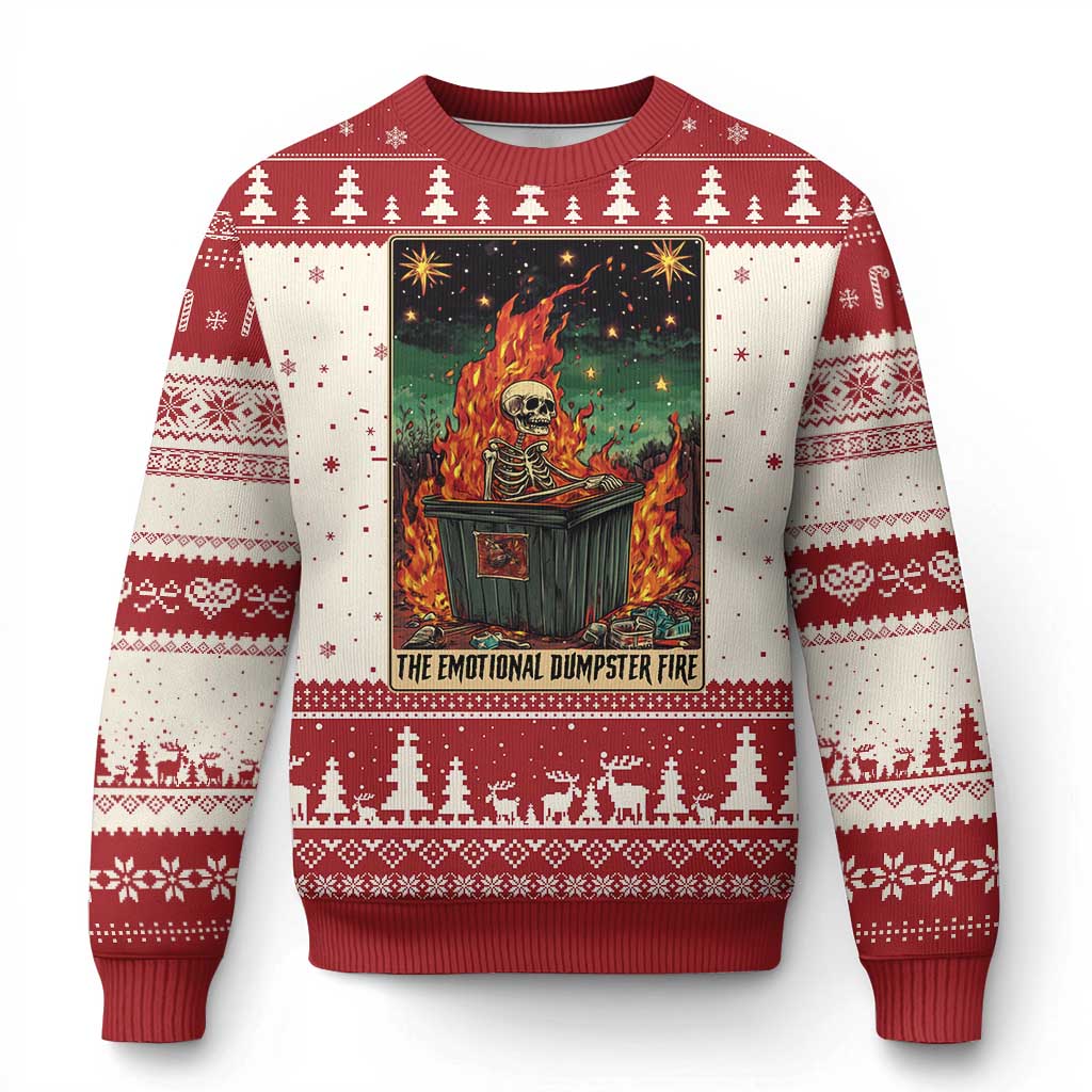 Emotional Dumpster Fire Skeleton Tarot Card Ugly Christmas Sweater TS09 Red Print Your Wear