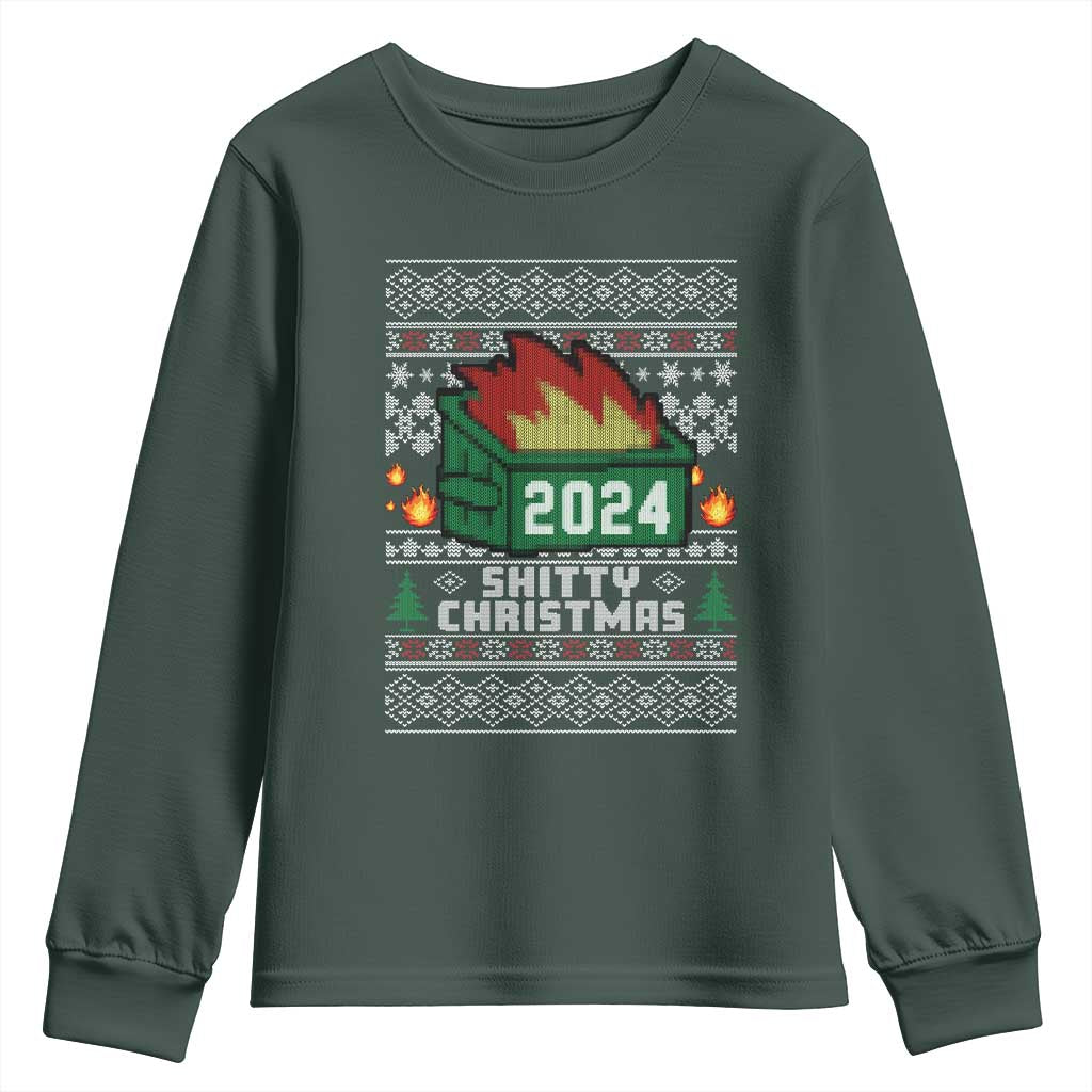 Funny Shitty Christmas 2024 Dumpster Fire Youth Sweatshirt TS09 Dark Forest Green Print Your Wear