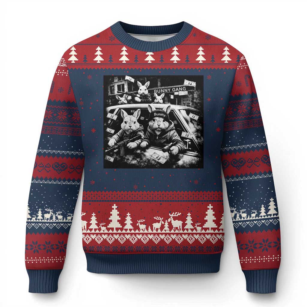Funny Bunny Gang Ugly Christmas Sweater Vintage Rabbit Meme TS10 Navy Red Print Your Wear