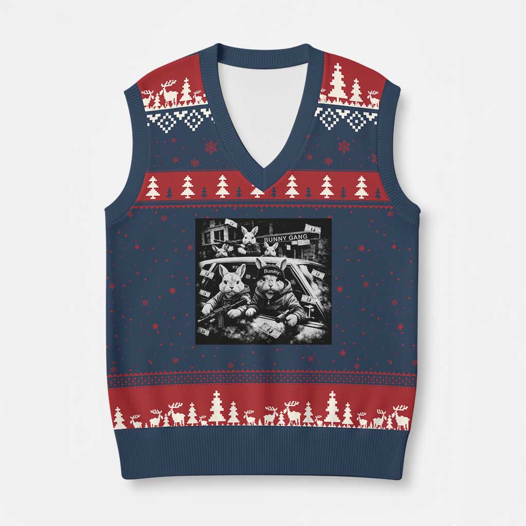 Funny Bunny Gang V-Neck Knit Sweater Vest Vintage Rabbit Meme TS10 Navy Red Print Your Wear