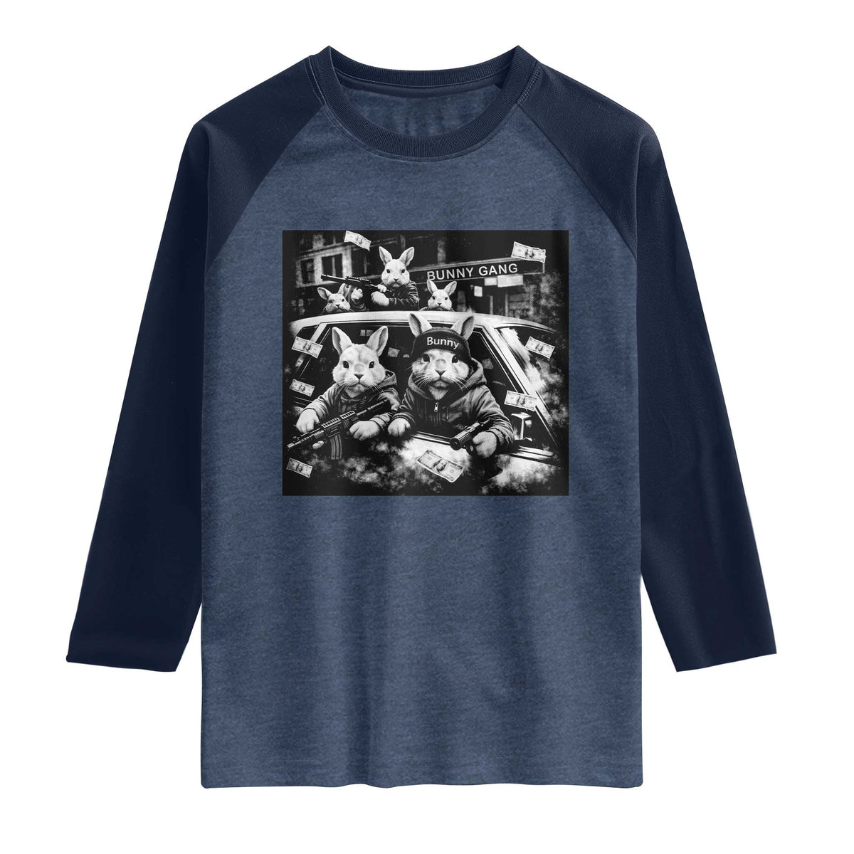 Funny Bunny Gang Raglan Shirt Vintage Rabbit Meme TS10 Heather Denim Navy Print Your Wear