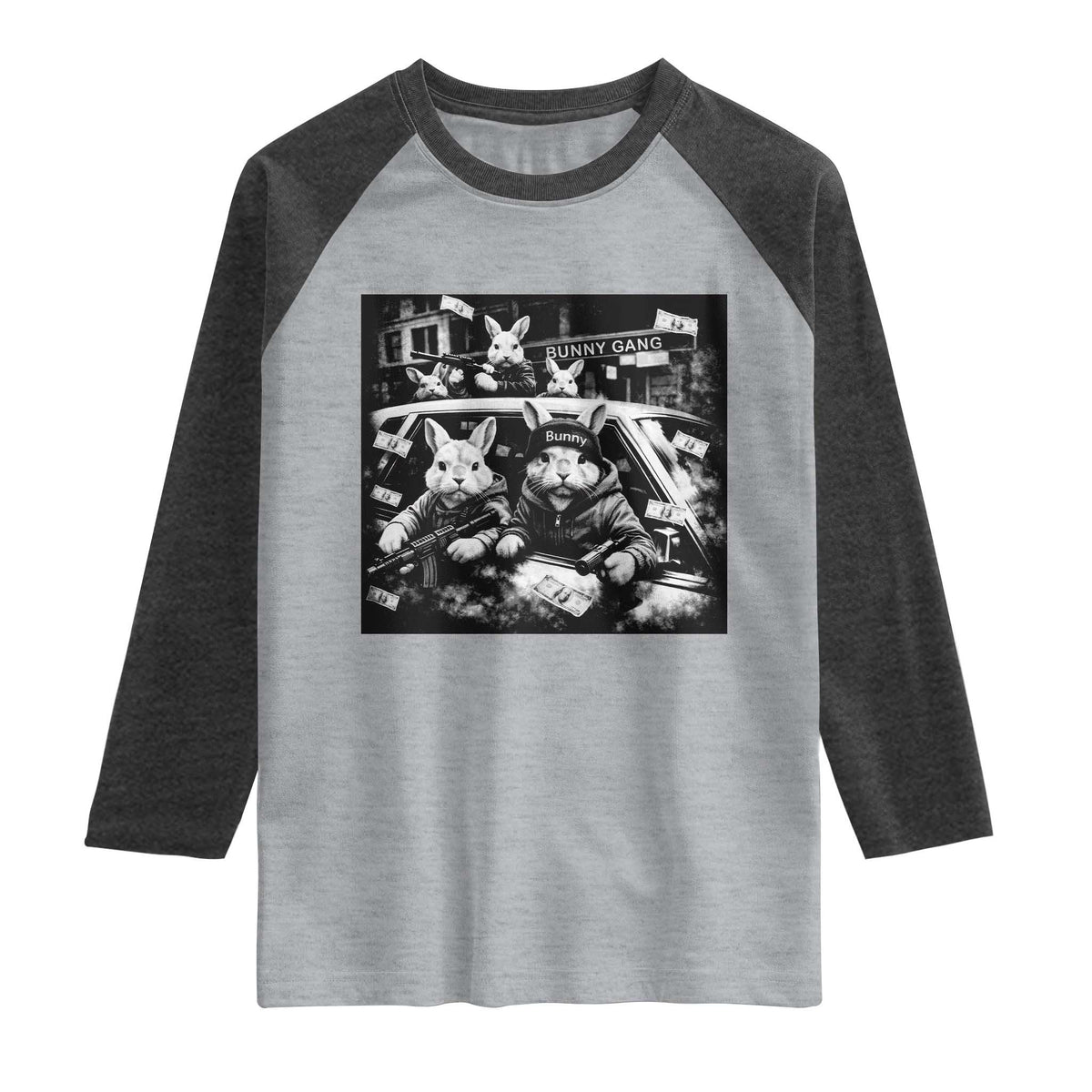 Funny Bunny Gang Raglan Shirt Vintage Rabbit Meme TS10 Heather Gray Heather Charcoal Print Your Wear