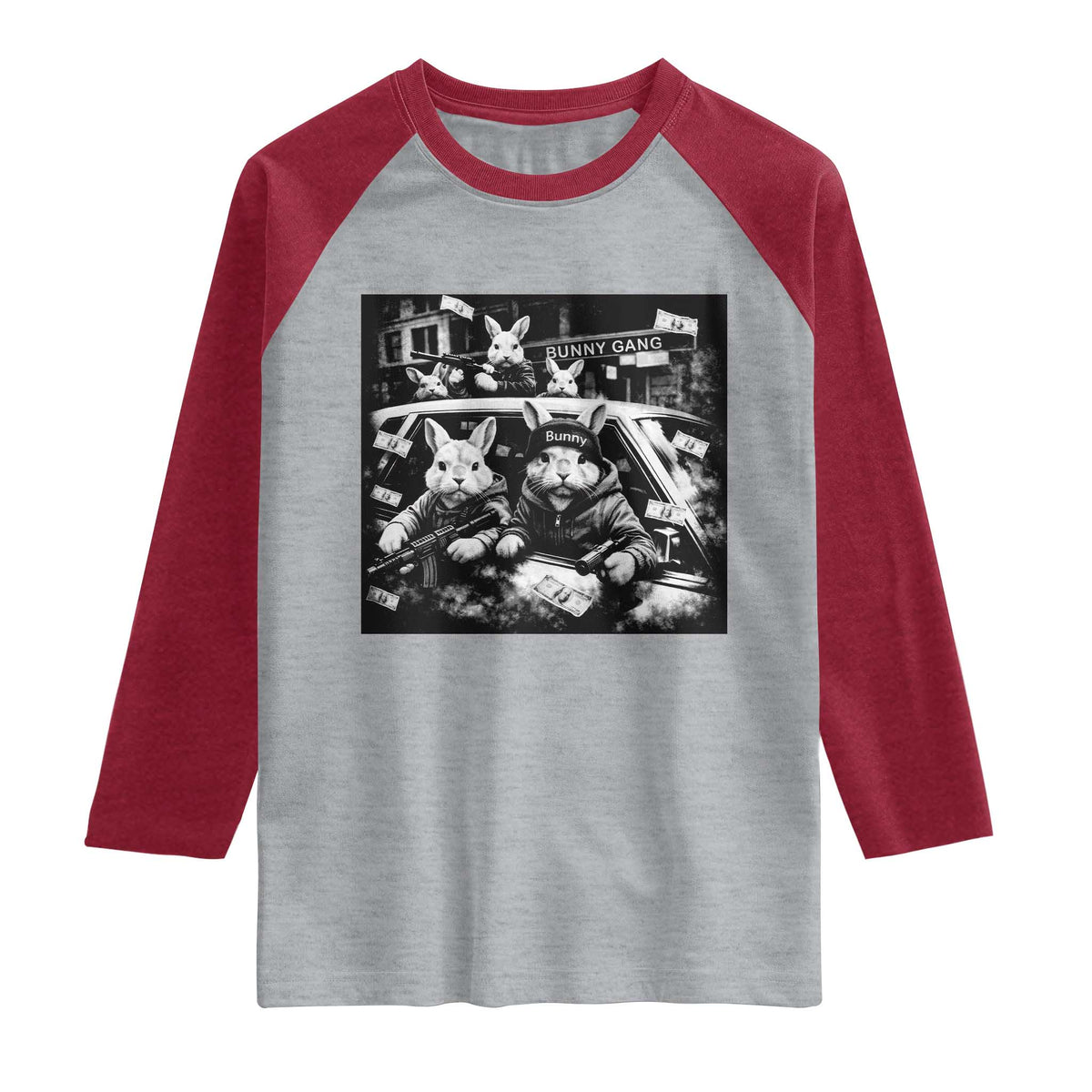 Funny Bunny Gang Raglan Shirt Vintage Rabbit Meme TS10 Heather Gray Heather Red Print Your Wear
