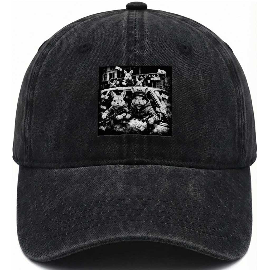 Funny Bunny Gang Washed Cotton Baseball Cap Vintage Rabbit Meme TS10 Print Your Wear