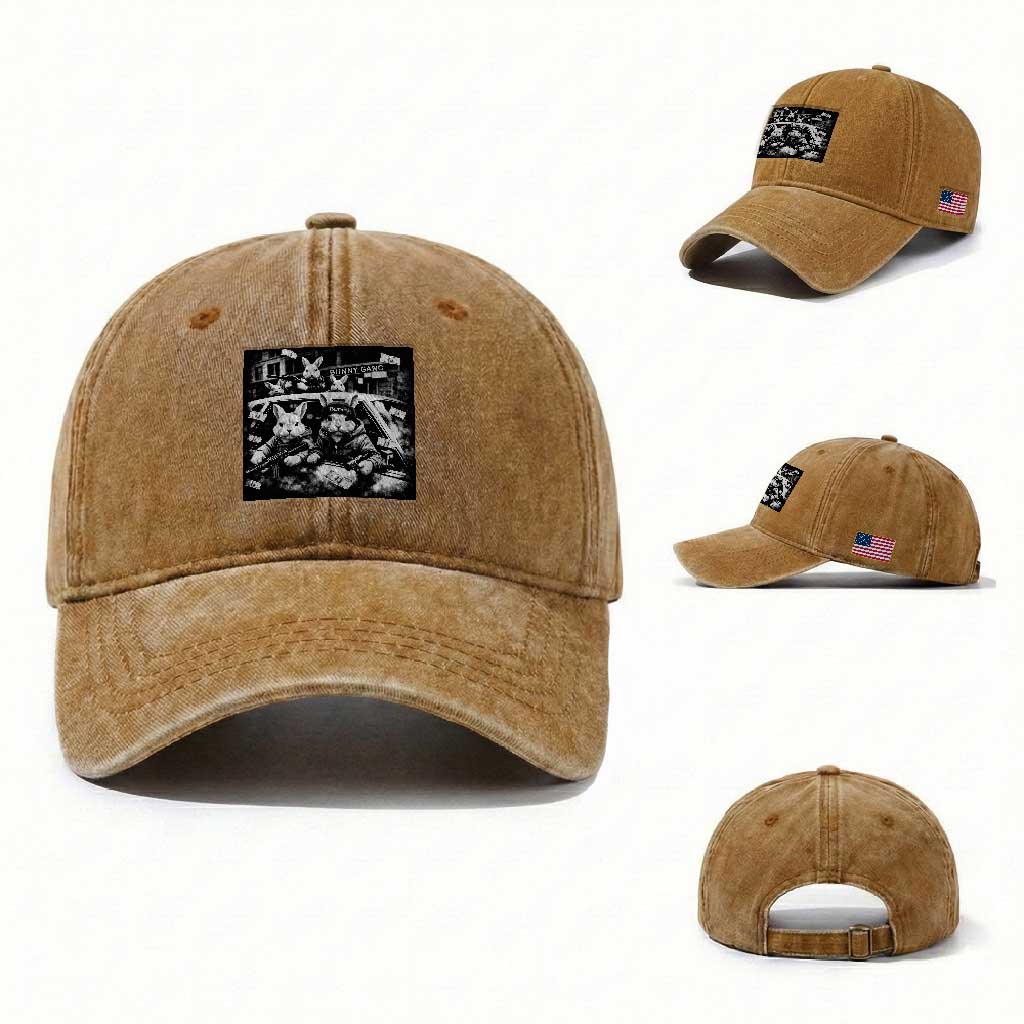 Funny Bunny Gang Washed Cotton Baseball Cap Vintage Rabbit Meme TS10 Washed Cap Universal Fit Yellow Ochre Print Your Wear