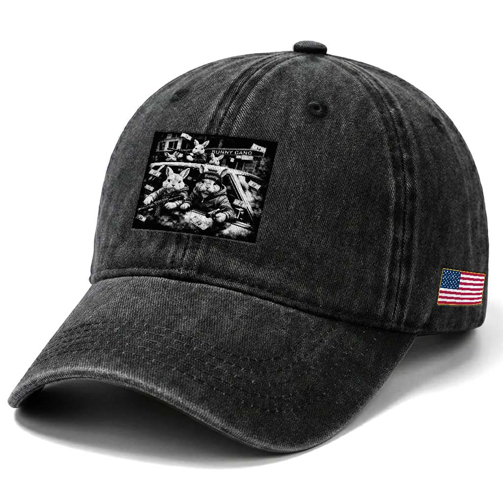 Funny Bunny Gang Washed Cotton Baseball Cap Vintage Rabbit Meme TS10 Print Your Wear