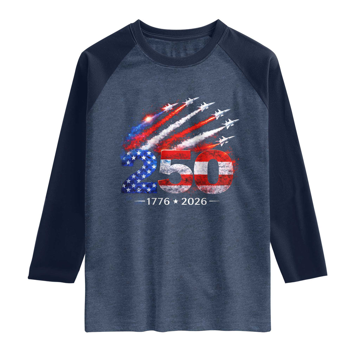 250th Anniversary USA Raglan Shirt Patriotic 250 Years American 4th July 1776 2026 TS10 Heather Denim Navy Print Your Wear