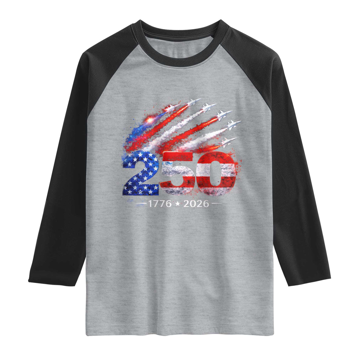 250th Anniversary USA Raglan Shirt Patriotic 250 Years American 4th July 1776 2026 TS10 Heather Gray Black Print Your Wear