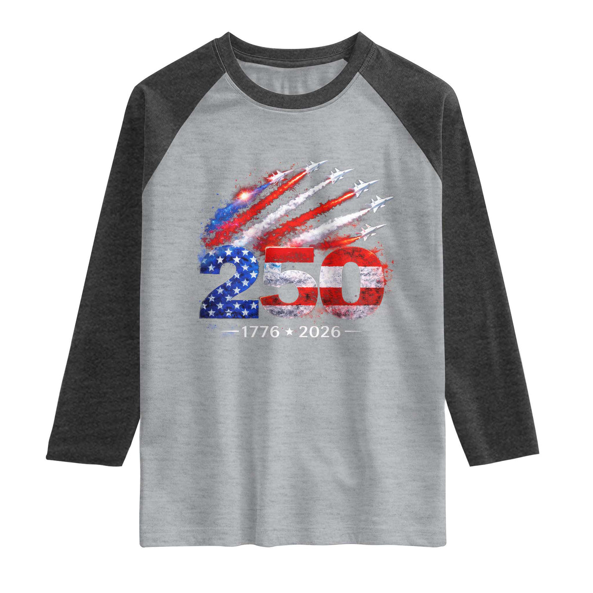 250th Anniversary USA Raglan Shirt Patriotic 250 Years American 4th July 1776 2026 TS10 Heather Gray Heather Charcoal Print Your Wear