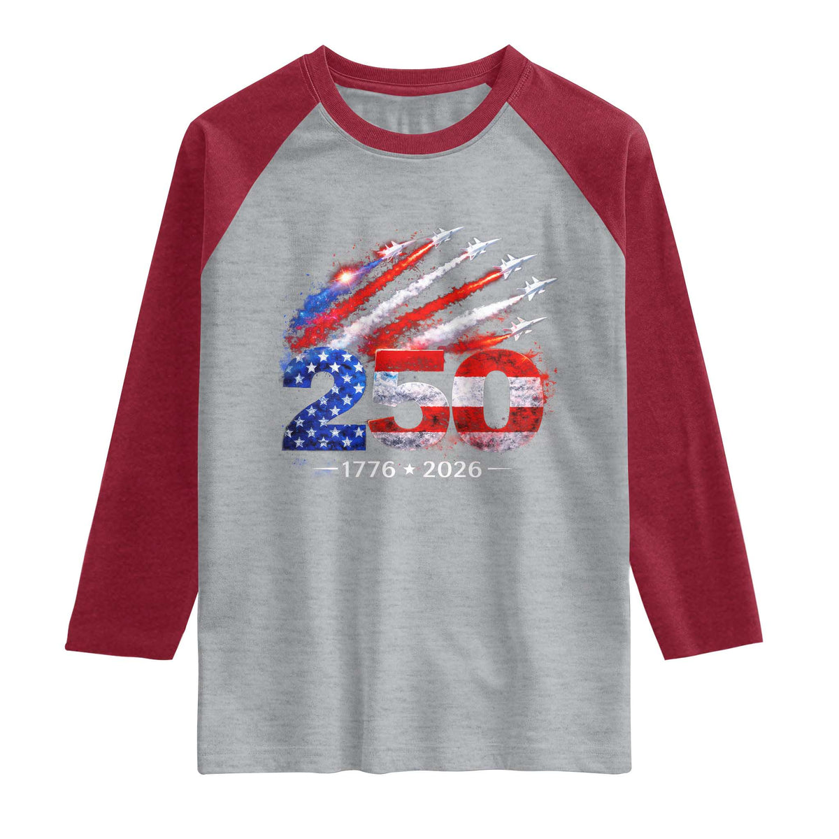 250th Anniversary USA Raglan Shirt Patriotic 250 Years American 4th July 1776 2026 TS10 Heather Gray Heather Red Print Your Wear
