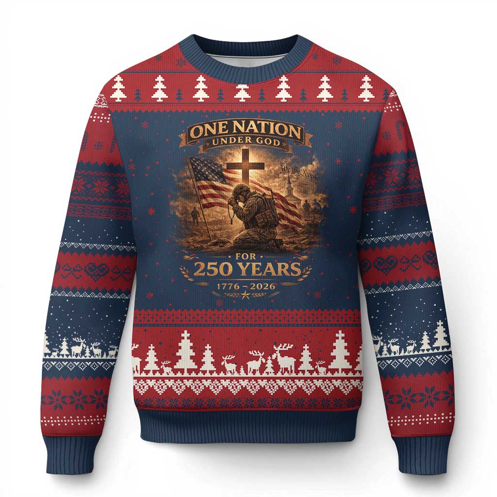 Blessings 250 Years America Ugly Christmas Sweater Christian Patriotic One Nation Under God US Flag TS10 Navy Red Print Your Wear