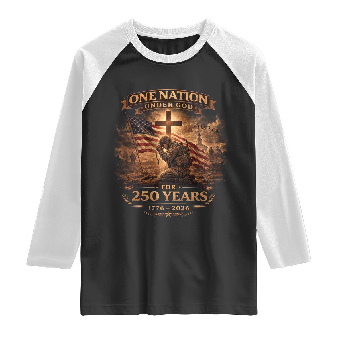 Blessings 250 Years America Raglan Shirt Christian Patriotic One Nation Under God US Flag TS10 Black White Print Your Wear