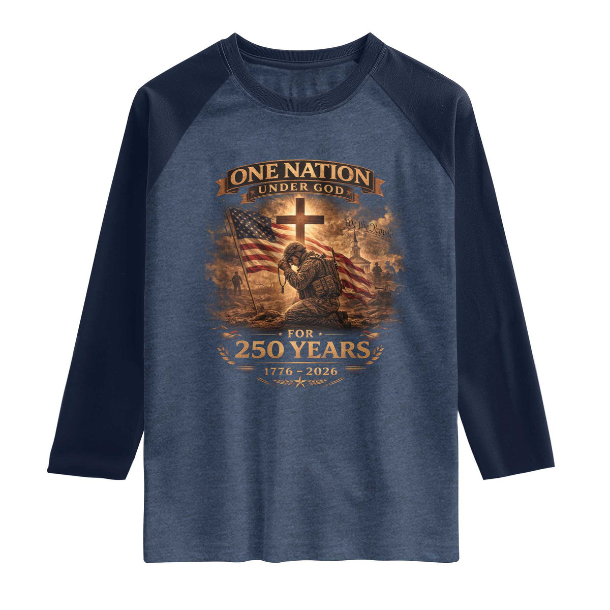 Blessings 250 Years America Raglan Shirt Christian Patriotic One Nation Under God US Flag TS10 Heather Denim Navy Print Your Wear