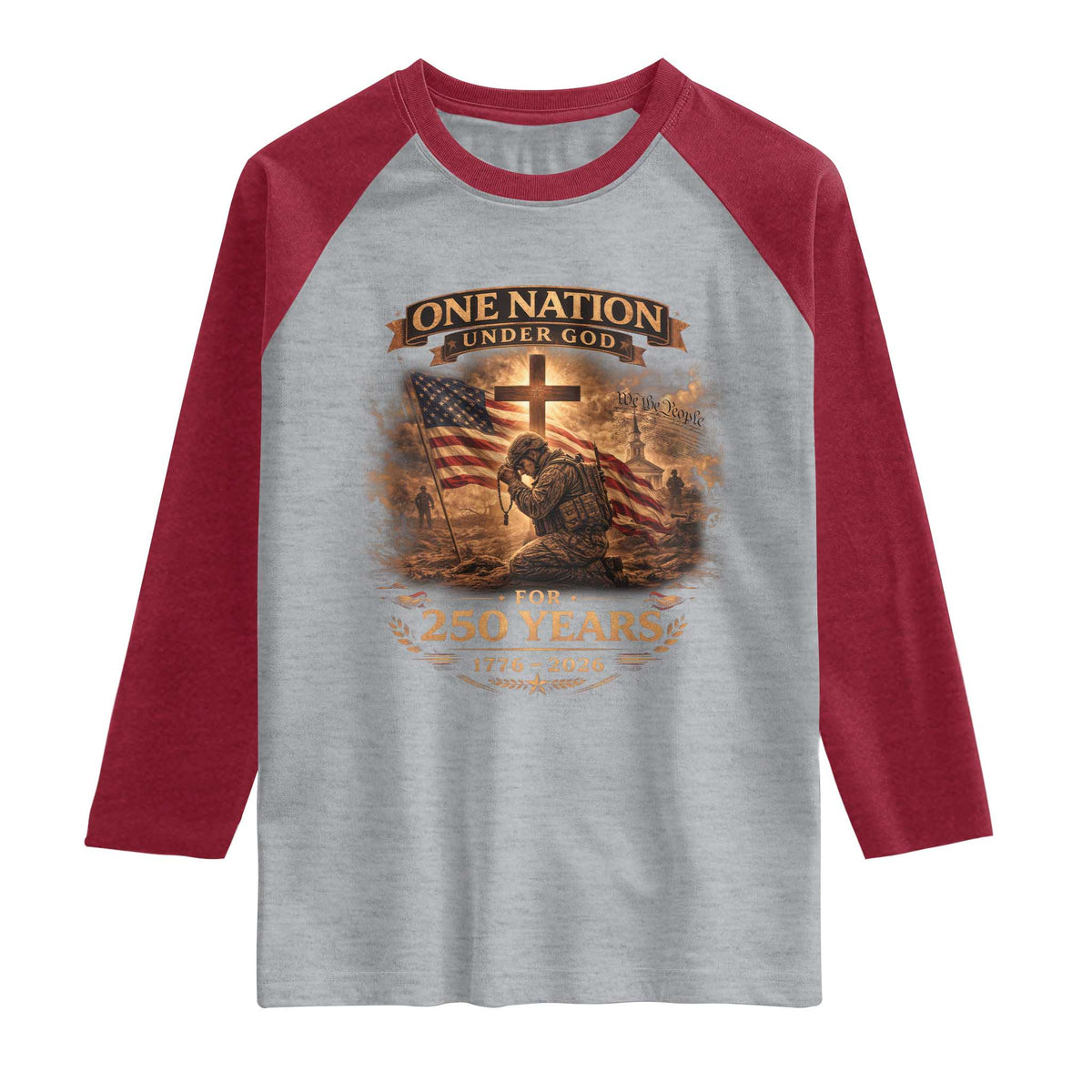Blessings 250 Years America Raglan Shirt Christian Patriotic One Nation Under God US Flag TS10 Heather Gray Heather Red Print Your Wear