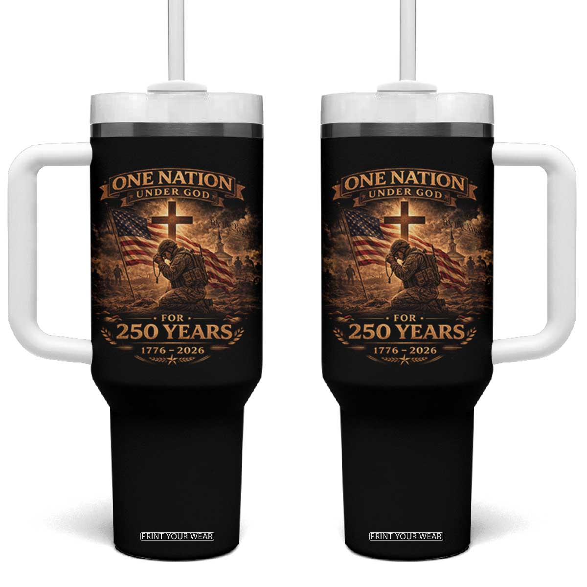 Blessings 250 Years America Tumbler With Handle Christian Patriotic One Nation Under God US Flag TS10 One Size: 40 oz Black Print Your Wear