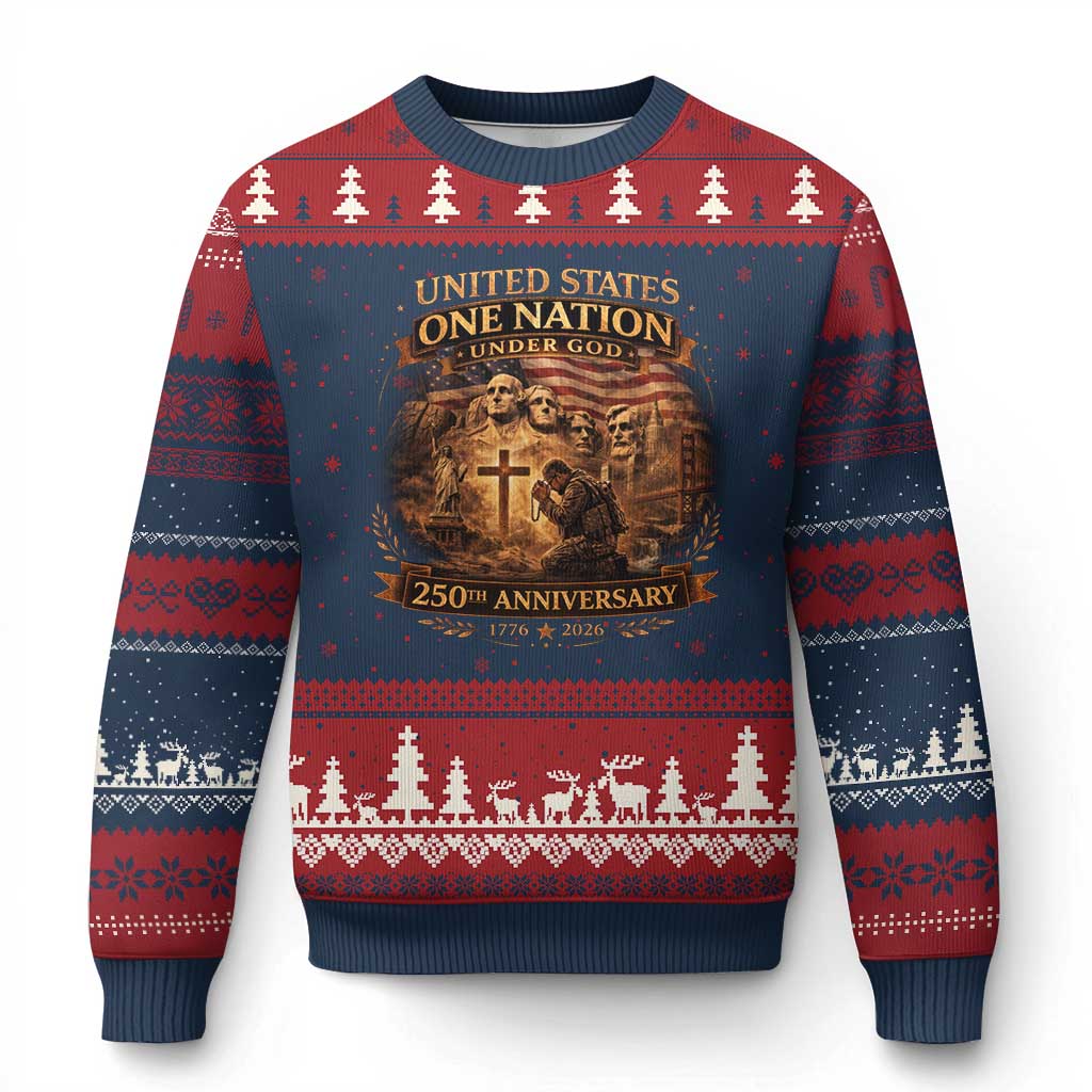Blessings 250 Years America Ugly Christmas Sweater Christian Patriotic One Nation Under God Founding Fathers TS10 Navy Red Print Your Wear